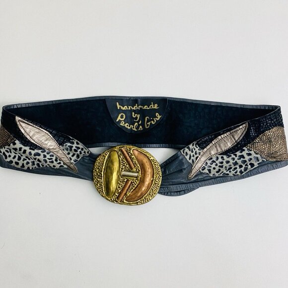 Vtg Mexican Mixed Metal Brass Copper Hand Crafted Belt Buckle Leather Patchwork - Picture 1 of 10